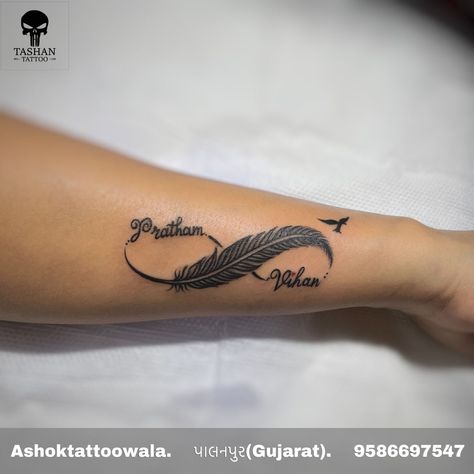 Infitiny Tattoo With Name, Infinity Tattoo With Kids Names Unique, Name Tattoo Designs Style For Women, Infinity Tattoo With Birds, Infinity Feather Tattoo Design, Infinity Tattoo Designs With Name, Tattoos For Passed Grandparents, Infinity Tattoo With Names, Infinity Tattoo For Men