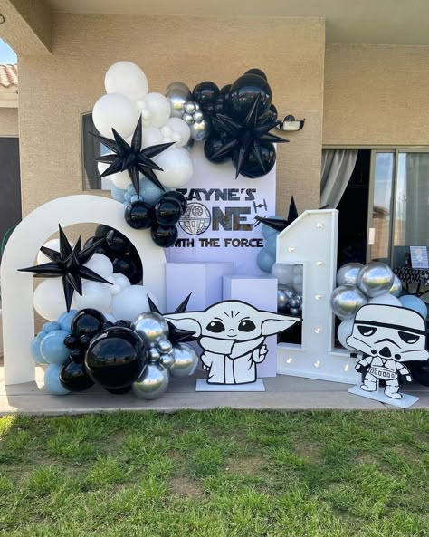 One With The Force Balloon Arch, Star Wars Birthday Balloons, Baby Boy 1st Birthday Party Themes Star Wars, Star Wars One With The Force Birthday, 1st Birthday Boy Star Wars Theme, Star Wars Birthday Theme, The Force Is Strong With This One, The Force Is Strong With This One Birthday, Star Wars Balloon Garland