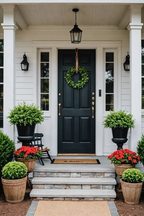 Farmhouse Style Front Porch, Small Front Porches Designs, Exterior Entryway Ideas, Style Front Porch, Staging Inspiration, Front Porch Decorating Ideas, House Flipper, Front Porch Steps, Front Stoop