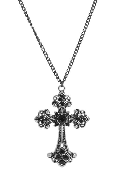 Remis en stock / Back in stock: Collier pendentif croix argente et pierres noires gothique avec chaine  Prix: 9.90 #new #nouveau #japanattitude #necklaces #colliers #gothique #gothic #rock #femme #gris Cross Necklace Black, Emo Jewelry, Antique Style Jewelry, Clothing Templates, Accessory Inspo, Black Stones, Romantic Goth, Gothic Accessories, Gothic Rock