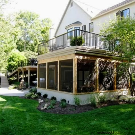 Get the most from your backyard space with a deck and screen porch.  Designed with an under deck drainage system, the porch remains dry.  And the exterior knee wall was finished in Stucco to match the home. Deck Screen, Patio Under Decks, Under Deck, Screened Porch Designs, Porch Addition, Screen Enclosures, Building A Porch, Screen Porch, Screened In Patio