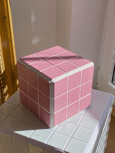 Pink Tile Table, Tiled Cube, Redecorate Room, June Aesthetic, Pastel Danish, Tile Tables, Danish Pastel Aesthetic, Tile Furniture, Tile Table