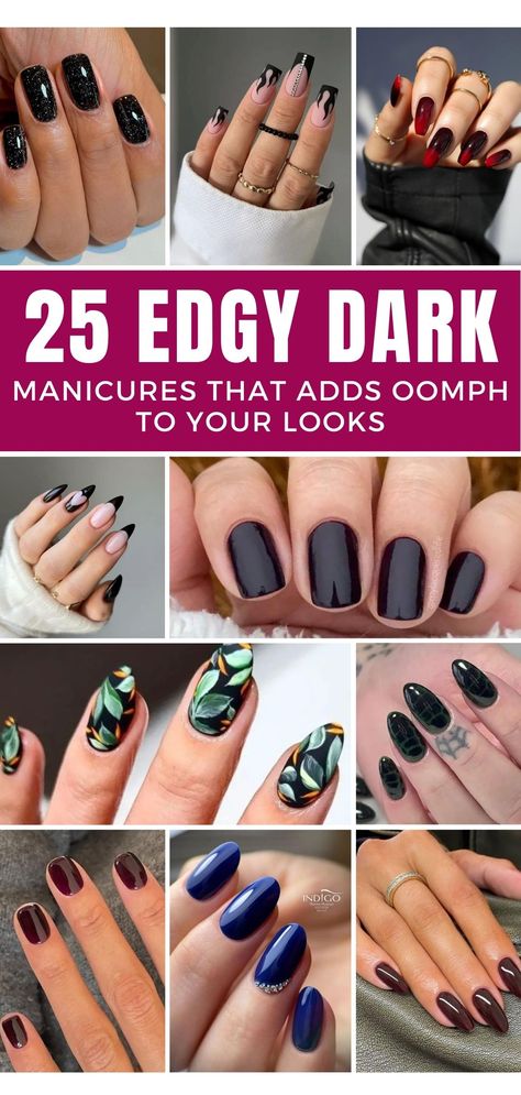 Save this pin for 25 mesmerizing dark nail ideas to unleash your inner gothic glam. Elevate your nail game and make a bold statement with these edgy designs. #DarkNails #GothicGlam #NailArtInspo Acrylic Nails With Gel Polish Design, Gem Color Nails, Nail Design On Black Nails, Nail Arrow Design, Edgy Manicure Ideas, Silver With Black Nails, Almond Nail Dip Designs, Hocos Pocos Nails, Nail Designs For Short Almond Nails