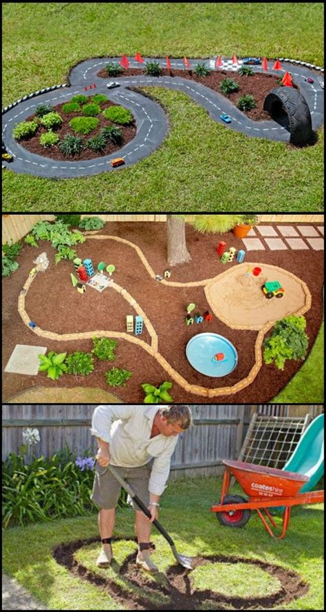 DIY Backyard Projects Perfect For Summer -- DIYbunker Kid Friendly Backyard, Diy Playground, Outside Play, Racing Track, Kids Outdoor Play, Outdoor Play Area, Playground Ideas, Backyard Play, Backyard Playground