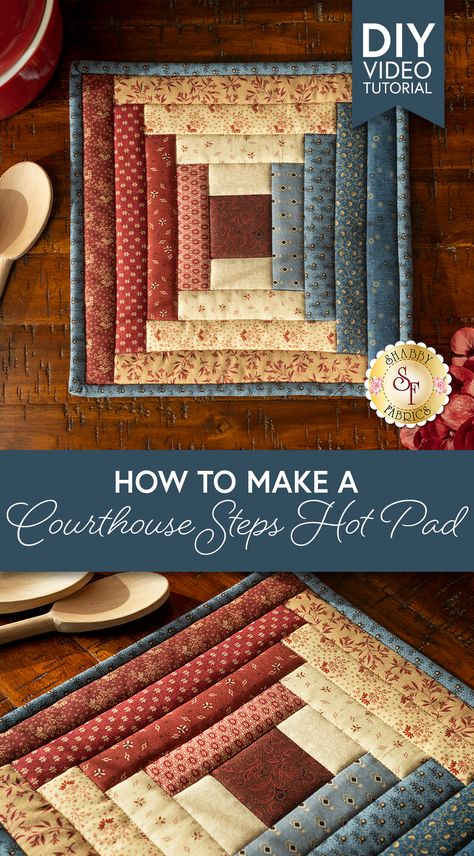 Homemade Hot Pads, Manx Quilting, Quilted Potholder Tutorial, Quilted Potholder Pattern, Quilted Placemat Patterns, Log Cabin Quilt Pattern, Log Cabin Quilt Blocks, Mug Rug Patterns, Quilted Potholders