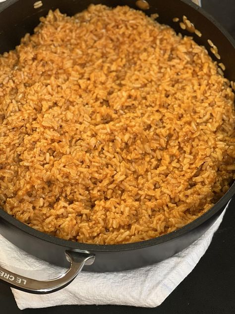 Mexican rice made with brown rice Rice Recipes For Tacos, Brown Rice Mexican Rice, Brown Rice Meal Ideas, Mexican Rice With Brown Rice, Mexican Brown Rice Recipes, Spanish Rice With Brown Rice, Qdoba Rice Recipe, Long Grain Brown Rice Recipes, Quinoa And Brown Rice Recipes