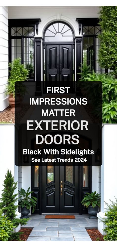 Black Doors Exterior Front Entry Houses With Black Front Doors, Front Door Patio Ideas Entrance, Front Doors With Side Lights, Black Doors Exterior Front Entry, Front Door Entryway Ideas Exterior, Modern House Front Door, Front Entry Ideas, Black Entry Doors, Doors With Sidelights