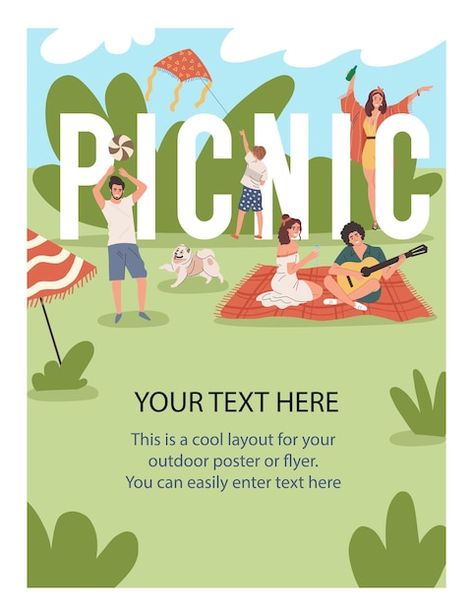 Vector a poster or a flyer for a picnic ... | Premium Vector #Freepik #vector #summer-kids #beach-flyer #man-beach #friends-beach Picnic Poster, Relax In Nature, Dance Vector, City Branding, Friends Poster, Outdoor Park, Dog Vector, Family Picnic, Nature Play