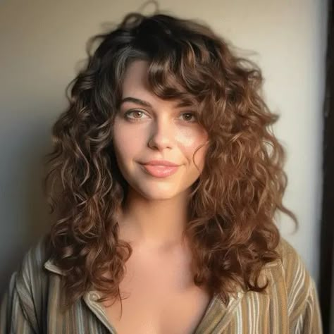 Curly Long Bangs Hairstyles, Side Sweep Bangs Curly Hair, Curls Bangs Long Hair, Side Curly Bangs, Curly Side Part With Bangs, Curly Bangs Side Part, Long Wavy Hair With Side Bangs, Long Fringe Curly Hair, Side Fringe Curly Hair