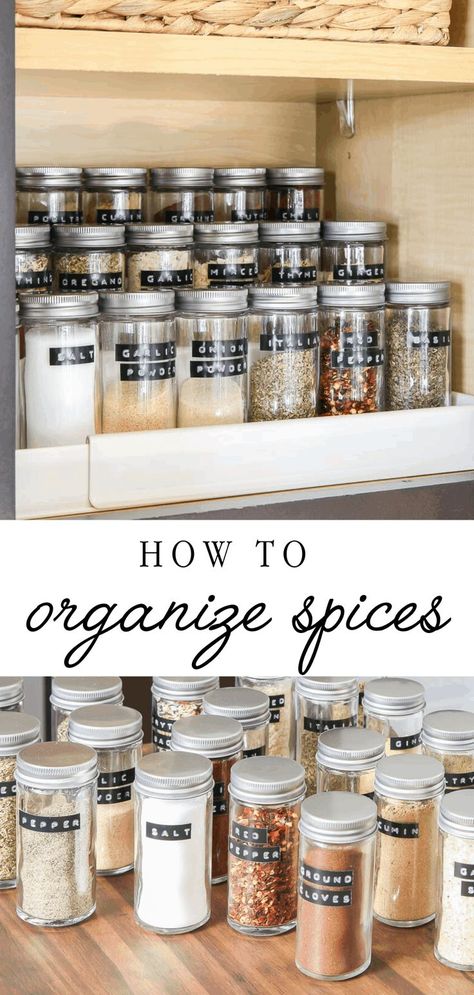 How to organize spices in a clean and simple way. Transform your spice cabinet with new glass spice jars and fresh cute labels! #spices #spicecabinet #spiceorganization #kitchenorganization #organization #organize #organizedspicecabinet #pantry #cooking Best Spice Rack, Organize Spices, Pantry Cooking, Cute Labels, Farmhouse Style Lighting, Organized Pantry, Farmhouse Light Fixtures, Glass Spice Jars, Kitchen Organization Pantry