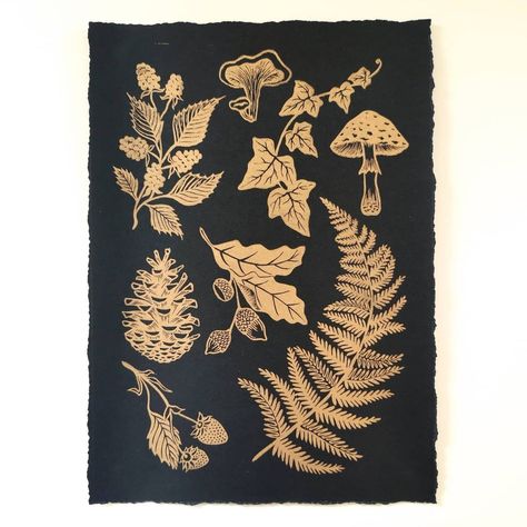 Harika Zerman on Instagram: “Just added to my Etsy shop 🌿 #linoprint #fern #mushroom #fungiporn #forestchild #linocut #handprinted #reliefprint #blockprinting #goldink…” Forest Walk, Wild Berries, Happy Hippie, Relief Print, Leaf Jewelry, Wild Berry, Leaf Flowers, Black Paper, Gold Ink