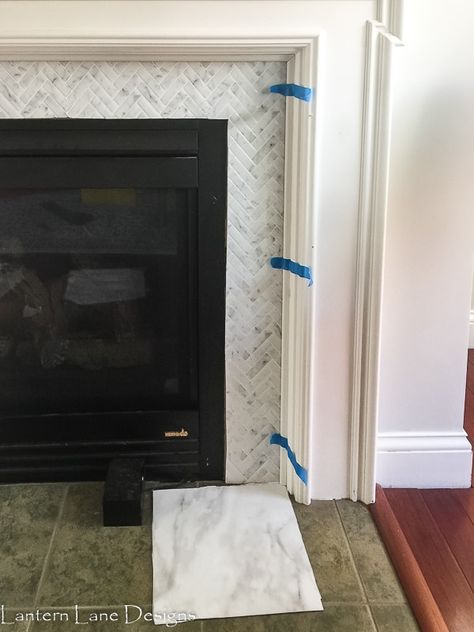 Fireplace Makeover Using Peel And Stick Tile Peel And Stick Tile Fireplace, Tile Fireplace Makeover, Budget Fireplace, Tile Around Fireplace, Paint Tile, Fireplace Redo, Family Room Remodel, Diy Fireplace Makeover, Peel And Stick Tiles