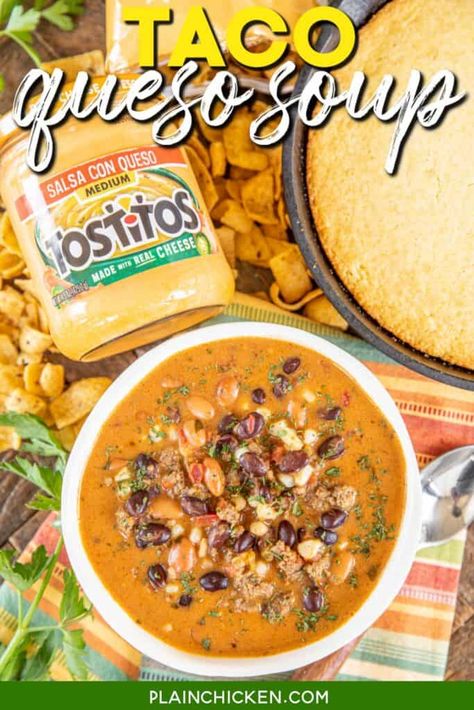 Taco Queso Soup - Plain Chicken Queso Soup, Salsa Beef, Mexican Queso, Mexican Chopped Salad, Rotel Recipes, Quick Soup Recipes, Easy Taco Soup, Quick Soup, Beef Taco