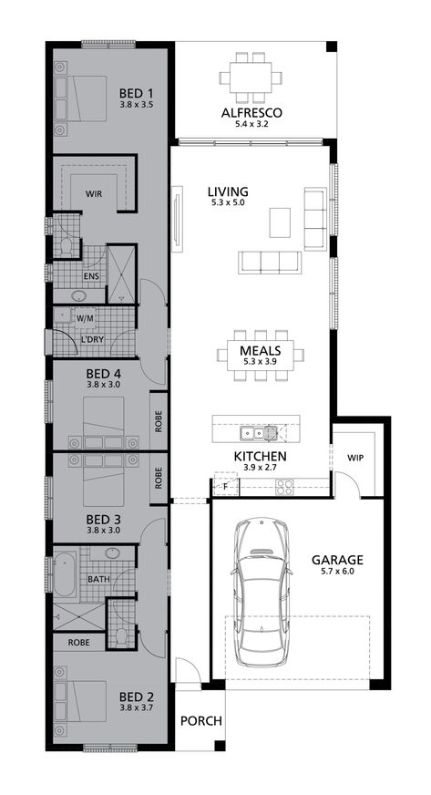 Rectangular Home Plans, Simple Rectangular House Plans, Rectangular Home Design, 4 Bed Floor Plans, Rectangular House Plans, Rectangular Floor Plan, Rectangular House, Narrow House Plans, Narrow Lot House