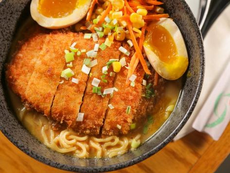 Get Katsu Curry Ramen Recipe from Food Network Dinner Recipes Japanese, Fresh Ramen Noodles, Recipes Japanese, Curry Ramen, Katsu Curry, Pork Broth, Japanese Dinner, Japanese Recipe, Radiator Covers