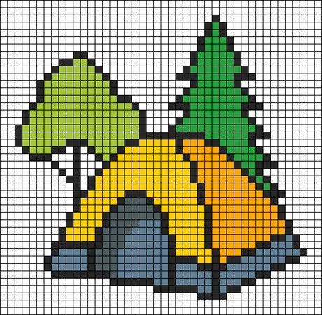 Camping Cross Stitch Patterns Free, Camping Perler Beads, Camping Pixel Art, Cross Stitch Camper, Camping Cross Stitch Patterns, Cross Stitch Camping, Bookmark Aesthetic, Adventure Forest, Camp Tent