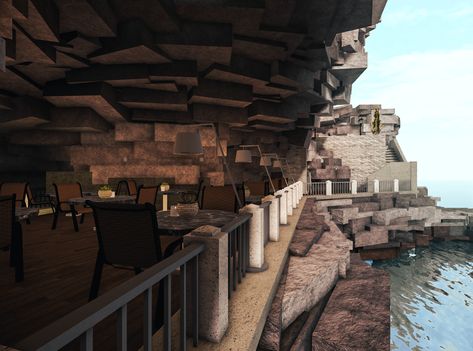 Bloxburg Cliffside House, Bloxburg Terrain, Bloxburg Hotel Interior, Bloxburg Lobby Ideas, Faulty Bloxburg, Italian Cliffside, Build Ideas Bloxburg, Bloxburg Hotel Exterior, Mountain House Bloxburg