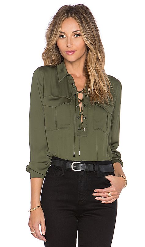 Fashion bloggers' new favourite blouses? By L'Academie - LaiaMagazine Office Shirts, Cutout Shirts, Ladies Office, Laced Up Shirt, The Office Shirts, Lace Top Long Sleeve, Designer Tops, Green Shirt, Revolve Clothing