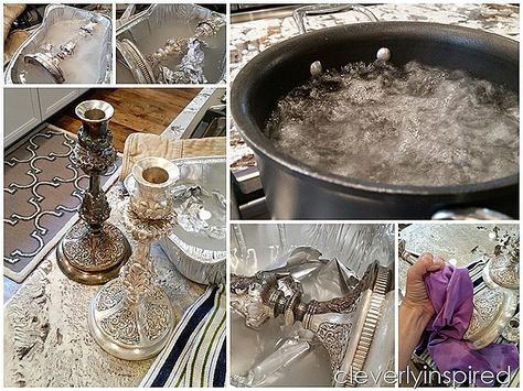 easy way to polish silver @cleverlyinspired  using boiling water, aluminum foil and baking soda.  worth a shot! Boiling Water, Polish Silver, Aluminum Foil, Baking Soda, Trick Or Treat, Happy Halloween, Decorative Tray, Foil, Festival