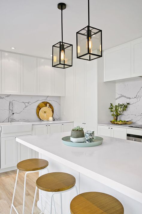 We could have organic white for our benchtops and calcutta as the splash back just like this kitchen. Hamptons Kitchen, Three Birds Renovations, White Shaker Cabinets, Shaker Cabinets, White Cabinetry, Kitchen Pendants, Kitchen Pendant Lighting, Decoration Inspiration, Trendy Kitchen