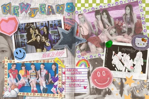 Kpop Photobook Layout, Y2k Scrapbook Ideas, New Jeans Scrapbook, New Jeans Journal, Newjeans Scrapbook, New Jeans Collage, Newjeans Collage, Y2k Scrapbook, Slow Replies