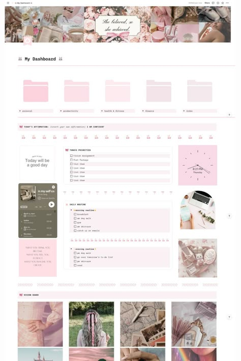 Notion Dashboard Ideas, Notion Templates, That Girl, Aesthetic Notion Templates