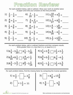 Fifth Grade Middle School Fractions Worksheets: Fraction Review: Addition, Subtraction, and Inequalities Fraction Addition, Middle School Math Worksheets, Fraction Worksheet, Junior High Math, Math College, Math Basics, Math Cheat Sheet, Math Fractions Worksheets, 5th Grade Worksheets