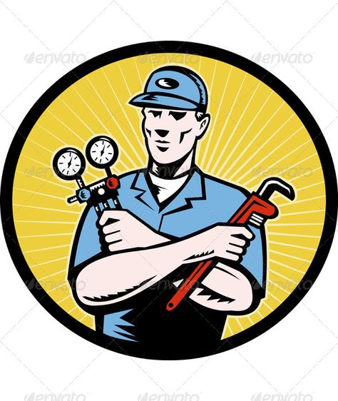 Service Technician With AC  Manifold Gage Wrench  #GraphicRiver         Vector illustration of a air condition technician holding an ac manifold gauge and wrench done in retro style.     Created: 4December11 GraphicsFilesIncluded: JPGImage #VectorEPS Layered: Yes MinimumAdobeCSVersion: CS Tags: ac #acmanifoldgauge #aircondition #gage #holding #illustration #mechanic #repairman #retro #serviceman #technician #vector #wrench Air Conditioning Logo, Hvac Tech, Refrigeration And Air Conditioning, Ac Repair Services, Air Conditioner Repair, Commercial Plumbing, Tech Logo, Air Conditioning Repair, Air Conditioning Installation