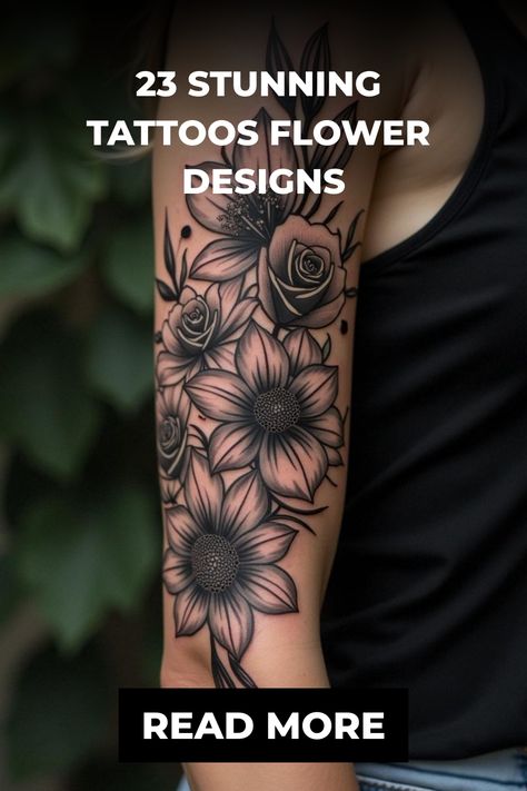 23 Stunning Tattoos Flower Designs Flower Tattoos Cosmos, Floral Tattoo Styles, Dahlia Tattoos For Women, Black And White Flower Tattoo Designs, Different Flowers Tattoo, 3 Flower Bouquet Tattoo, Tattoo Ideas Female Flowers, Cosmo Tattoo Flower, Black And Gray Flower Tattoo