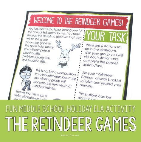 Fun Middle School Christmas Classroom Activity: The Reindeer Games - Presto Plans Classroom Christmas Party Ideas 5th Grade, 3rd Grade Christmas Party Games, Christmas 5th Grade Activities, Winter Activities Middle School, Christmas Activities For 5th Grade, Christmas Middle School, 4th Grade Holiday Party Games, Christmas Activities For Work, Middle School New Years Activities