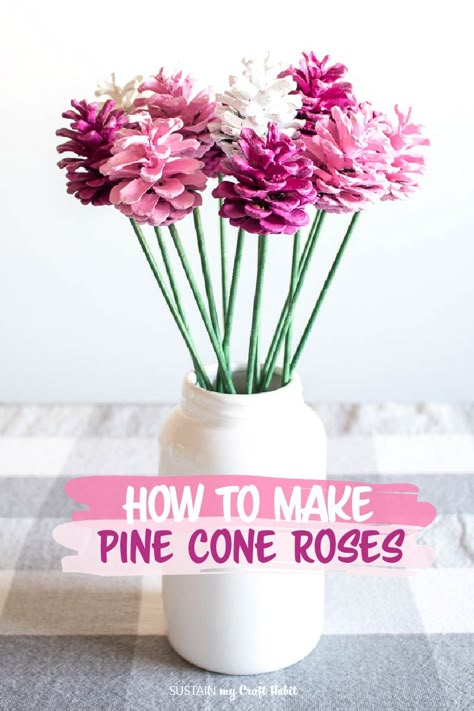 When weekly fresh flower bouquets aren't an option, these pretty pine cone roses are a great budget-friendly alternative. Step-by-step tutorial for these pinecone flowers is included! Crafts With Pinecones, Pinecone Bouquet, Crafts Step By Step, Pine Cone Decor, Step By Step Crafts, Pinecone Flowers, Painted Pinecones, Pine Cone Art, Pinecone Crafts