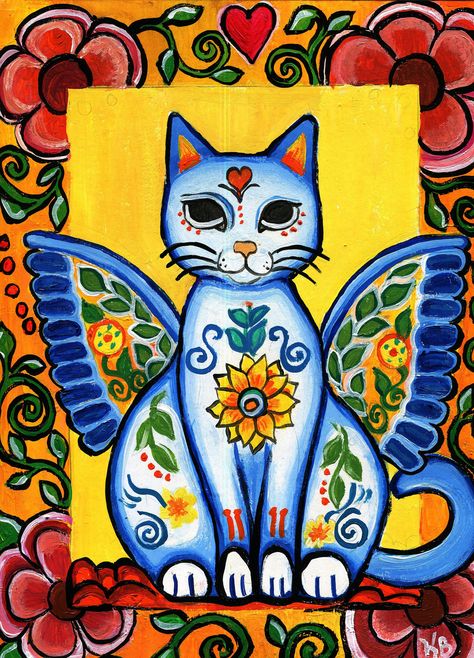 Folk Art Cats Ideas, Quirky Paintings, Folk Art Cats, Mexican Cat, Cat Quilt Block, Art Amour, Folk Art Cat, Cat Crazy, Angel Cat