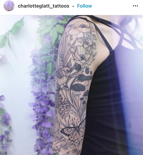 Tattoos Whimsical, Tattoos Of Flowers, Nature Sleeve Tattoo, Woo Tattoo, Botanical Tattoo Sleeve, Nature Sleeve, Geometric Dotwork, Butterfly Mushroom, Sleeve Inspiration