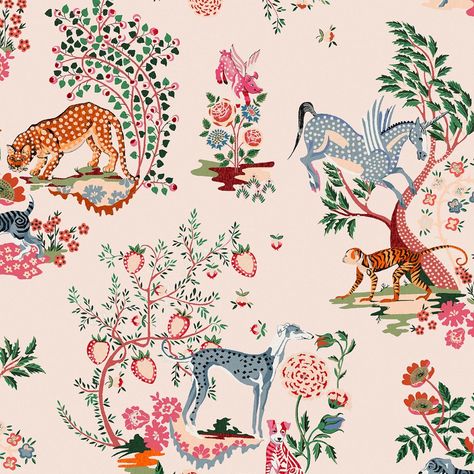 Bathroom Bungalow, Cath Kidston Wallpaper, Red Dogs, Whimsical Trees, Flying Pigs, Pink Backdrop, Pattern Inspiration, Flying Pig, Pink Paint