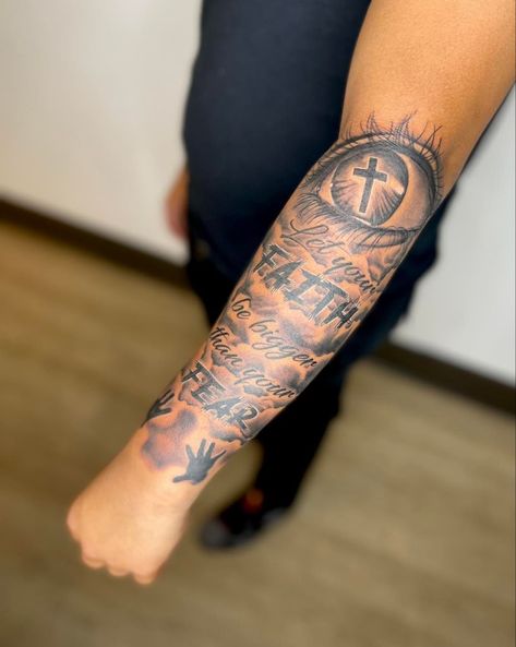 Tuff Tats For Men, Though I Walk Through The Valley Tattoo Men, Low Leg Tattoo Men, Tattoo Ideas For Men Outside Forearm, Half Sleeve Tattoos For Men Outer Arm, Motivational Forearm Tattoo Men, Forearm Last Name Tattoo Men, God Tattoos For Men Shoulder, Let Your Faith Be Bigger Tattoo Men