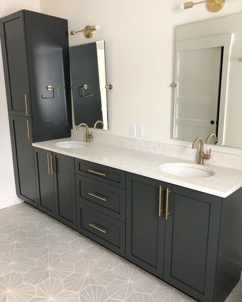 SW Iron Ore Mitten Development on Instagram: “#bathroomsofinstagram  #masterbedroom  #goldisaneutral  #sherwinwilliamsironore” Iron Ore Bathroom, Sw Iron Ore, Grey Cement Tile, Riad Tile, Grey Bathroom Cabinets, Dark Gray Bathroom, Painting Bathroom Cabinets, Bath Redo, Jack And Jill Bathroom