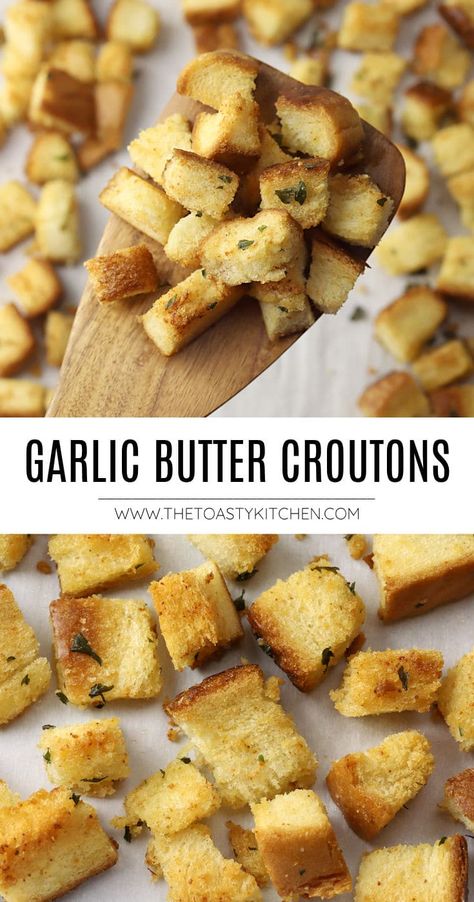 Garlic butter croutons recipe by The Toasty Kitchen. A simple recipe for garlic butter croutons - made with sliced sandwich bread! Toss these crunchy croutons over your next side salad or bowl of soup. #garlicbuttercroutons #homemadecroutons #buttercroutons #garliccroutons #croutons #recipe Garlic Parmesan Croutons, Homemade Croutons With White Bread, Homemade Croutons For Caesar Salad, Garlic Butter Croutons, Cracker Barrel Croutons Recipe, Homemade Croutons Easy Sliced Bread, Garlic Croutons Homemade, How To Make Croutons From Old Bread, Making Croutons From Bread