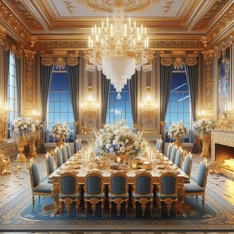 Castle Dining Hall, Fantasy Dining Room, Palace Dining Room, Royal Dining Room, Tropical Mansion, Rich Houses, Luxury Dining Room Decor, Grand Dining Room, Castle House Design