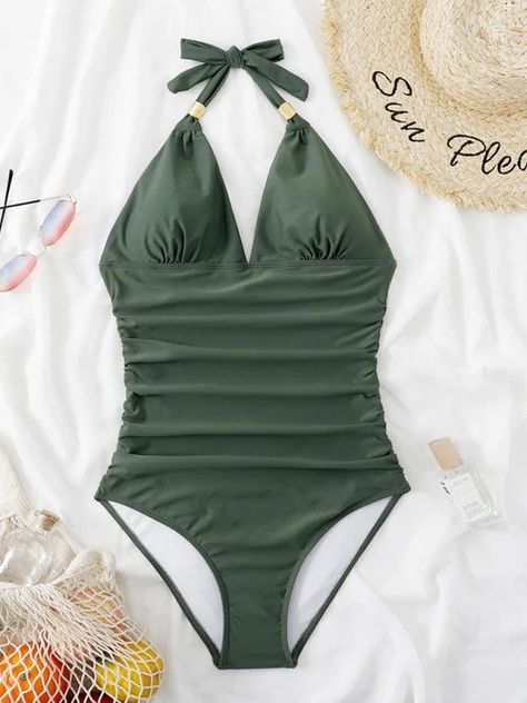 Elevate your beach style with our Golden Elegance Plunging Halter Swimsuit, featuring luxurious gold accents and a perfect fit for all body types. Backless Swimsuit, Halter Neck Swimsuit, Halter Swimsuit, Sleeveless Outfit, Green Swimsuit, Swimwear Sets, Women Halter, Swimsuits Halter, Street Look