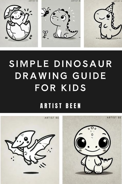 Simple dinosaur drawings in black and white showcasing a baby dinosaur, a small dinosaur with a party hat, and a flying pterosaur. "Simple Dinosaur Drawing Guide for Kids" text. Simple Dinosaur Drawing, Dinosaur Drawing Ideas, Cute Dinosaur Drawing, Easy Dinosaur Drawing, Dino Drawing, Drawing Ideas For Beginners, Dinosaur Sketch, Dinosaur Drawing, Baby Dino