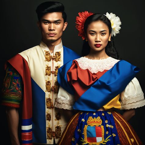 A beautiful portrait capturing two Filipino siblings in fashionable cultural attire inspired by both the Barong Tagalog and Saya, with a touch of Spanish influence in the design. The red, blue, yellow and white colors symbolize the blending of Philippine and Spanish cultures in their attire, showcasing their cultural pride and heritage. The portrait captures the bond between the siblings and their appreciation for both cultures. Filipino Traditional Clothing, Philippines Outfit, Filipino Clothing, Philippines Fashion, Filipino Fashion, Barong Tagalog, Philippine Art, Philippines Culture, Culture Day