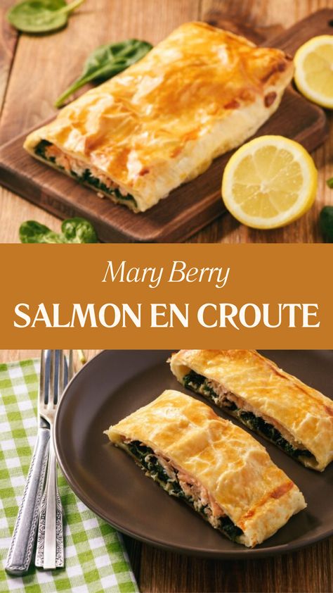 Mary Berry Salmon En Croute Salmon Coulibiac Mary Berry, Mary Berry Salmon, Salmon Coulibiac, Christmas Salmon, Salmon En Croute Recipe, Puff Pastry Cream, Salmon Puffs, Mary Berry Cooks, Salmon En Croute