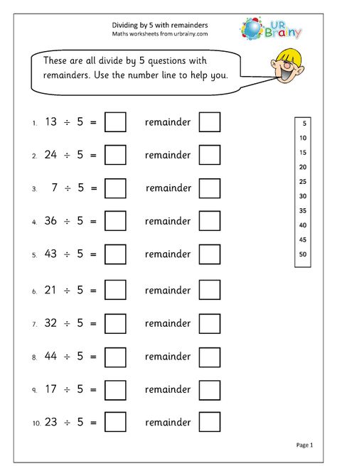 Divide by 5 with remainders - Division Maths Worksheets for Year 2 (age 6-7) by URBrainy.com Division Year 2, Division With Remainders Worksheets, Division With Remainders, Easy Math Worksheets, Math Division Worksheets, Math Hacks, Basic English Grammar Book, Abacus Math, Long Division Worksheets