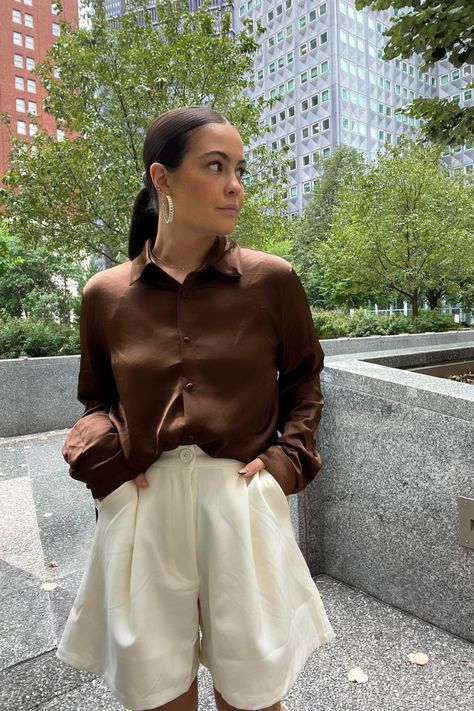 Brown silk top: Princess Polly Cream shorts: WeWoreWhat Earrings: Rent the Runway Brown Silk Top Outfit, Brown Silk Shirt, Silk Top Outfit, Outfit For Fall, Cream Shorts, Beige Shorts, Brown Outfit, Brown Silk, Rent The Runway