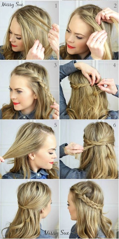 Half-Up-Crown-Braid-Swept-Back-Hairstyle Cute Everyday Hairstyles, Hair Caps, Summer Braids, No Heat Hairstyles, Easy Hairstyles For Medium Hair, Fast Hairstyles, Hair Braid, Penteado Cabelo Curto, Crown Hairstyles