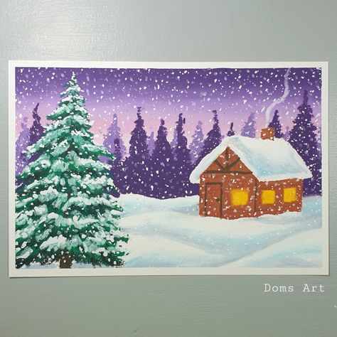 Christmas scenery drawinh using oil pastels Winter Scenery Drawing Oil Pastel, Winter Oil Pastel Art, Christmas Scenery Drawing, Christmas Tree Drawing, Drawing Kids, Oil Pastels Painting, Christmas Paintings On Canvas, Color Drawing Art, Christmas Scenery