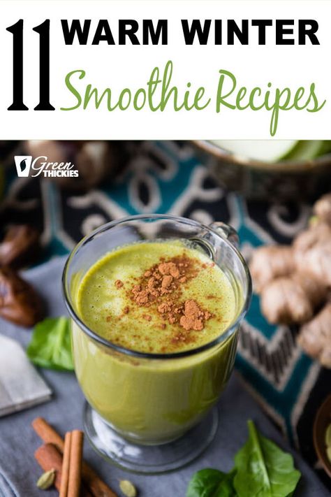 These warm smoothies are perfect for cold winter breakfasts.   We all know how good smoothies are for our health.  They provide us with massive amounts of antioxidants which protect us from winter bugs, give us a great deal of natural energy, and help keep the winter bulge off our bodies.   Here are 11 warm smoothies that will have you feeling toasty in no time.   Click the link to read more…  #greenthickies #wintersmoothies #warmsmoothies #smoothies #smoothierecipes Warm Smoothies, Winter Smoothie Recipes, Winter Smoothie, Hot Smoothie, Winter Smoothies, Banana Apple Smoothie, Winter Breakfast, Green Detox Smoothie, Smoothie Prep