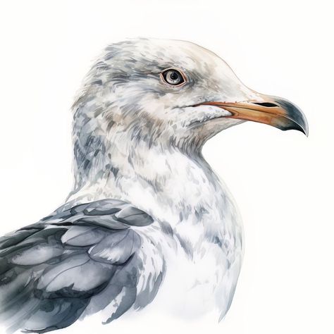 Bird Portrait Painting, Bird Art Watercolor, Seagull Drawing, Bird Digital Art, Seagull Painting, Seagull Art, Bird Portrait, Watercolor Birds, Portrait Watercolor