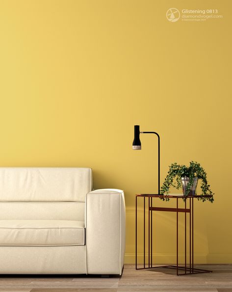 Yellow Color Scheme Bedroom, Pastel Yellow Walls, Yellow Bedroom Paint, Cute Side Table, Yellow Walls Living Room, Room Color Design, Yellow Painted Walls, Neutral Couch, Living Room Color Combination