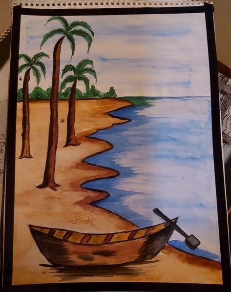 Landscape Simple Drawing, Natural Scenery Painting Easy, Nature Simple Drawing, Seashore Drawing, Seashore Painting, Landscape Drawing Easy, Scenery Drawing For Kids, Seashore Paintings, معرض فني